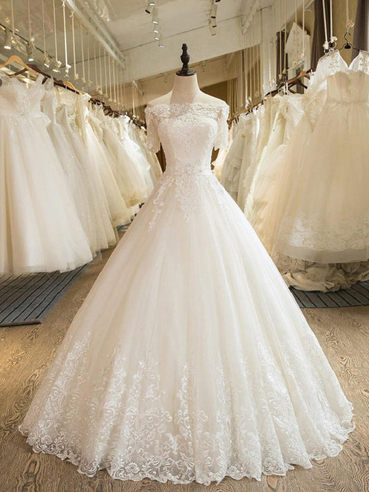 Ball Gown 1/2 Sleeves Off-the-Shoulder Floor-Length Applique Lace Tulle Wedding Dresses