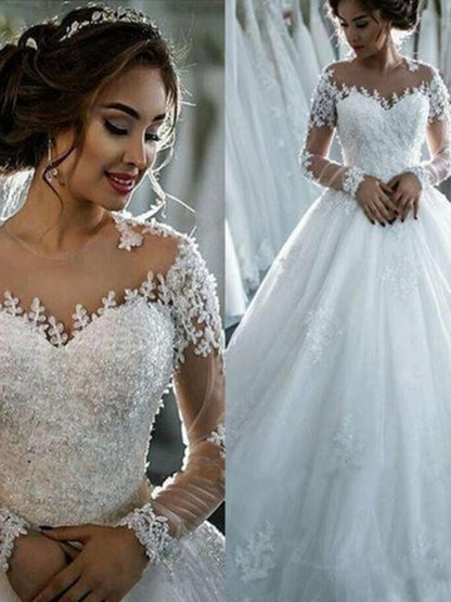Ball Gown Applique Tulle Scoop Long Sleeves Court Train Wedding Dresses
