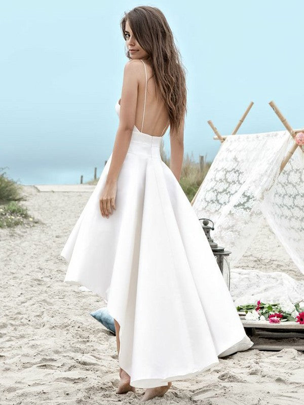 A-Line/Princess Satin Ruched Sleeveless Spaghetti Straps Asymmetrical Wedding Dresses
