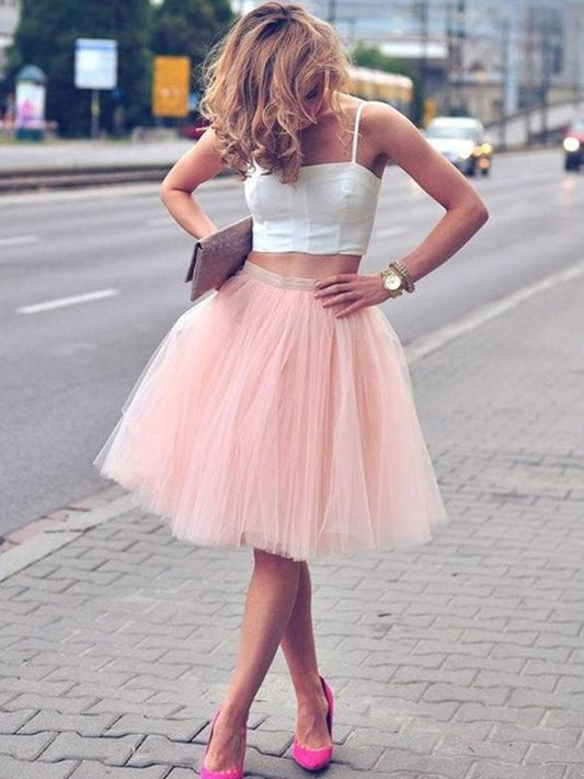 A-Line/Princess Tulle Sleeveless Pleats Spaghetti Straps Knee-Length Two Piece Dresses