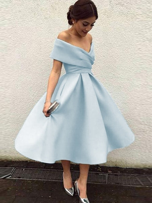A-Line/Princess Sleeveless Off-the-Shoulder Satin Ruffles Tea-Length Dresses