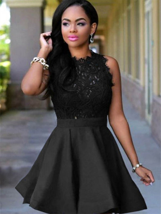 A-Line Jewel Cut Short With Lace Satin Black Homecoming Dresses