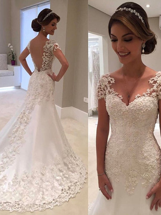 Trumpet/Mermaid Short Sleeves Sweetheart Court Train Lace Wedding Dresses