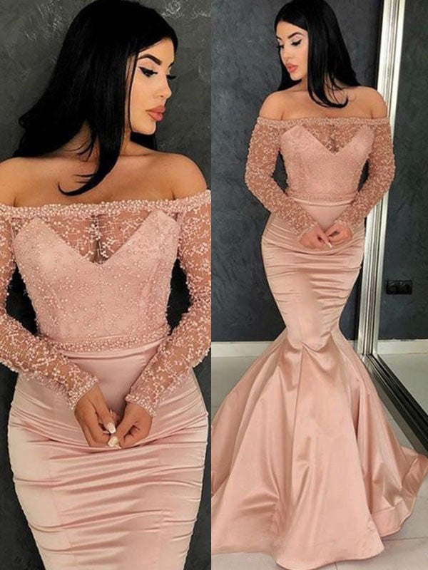 Trumpet/Mermaid Long Sleeves Off-the-Shoulder Sweep/Brush Train Ruffles Satin Dresses