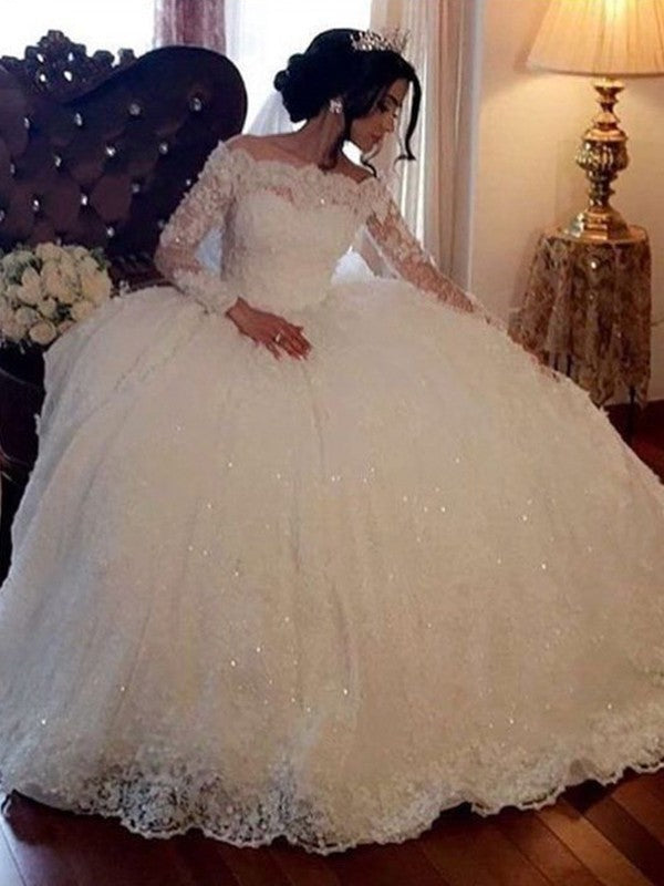 Ball Gown Bateau Long Sleeves Floor-Length Lace Wedding Dresses