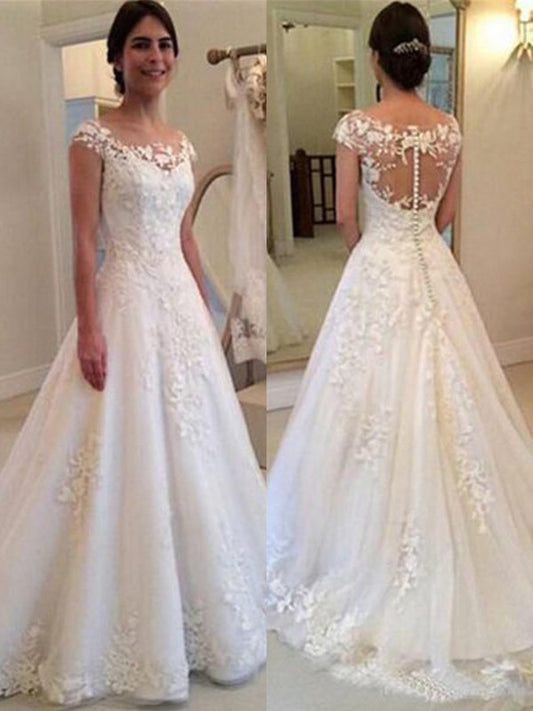 A-Line/Princess Scoop Sleeveless Sweep/Brush Train Lace Tulle Wedding Dresses