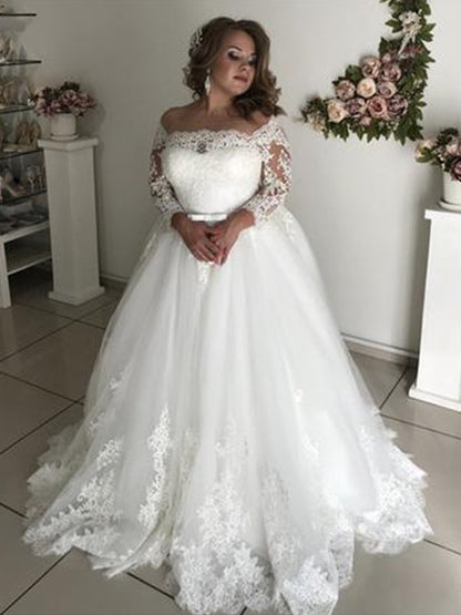 A-Line/Princess Off-the-Shoulder Long Sleeves Court Train Lace Tulle Wedding Dresses
