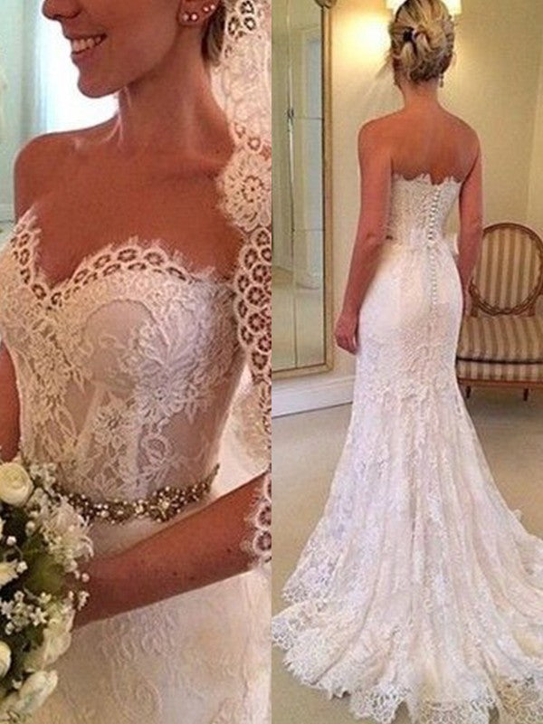 Sheath/Column Sweetheart Sleeveless Sweep/Brush Train Beading Lace Wedding Dresses