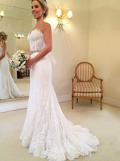 Sheath/Column Sweetheart Sleeveless Sweep/Brush Train Beading Lace Wedding Dresses