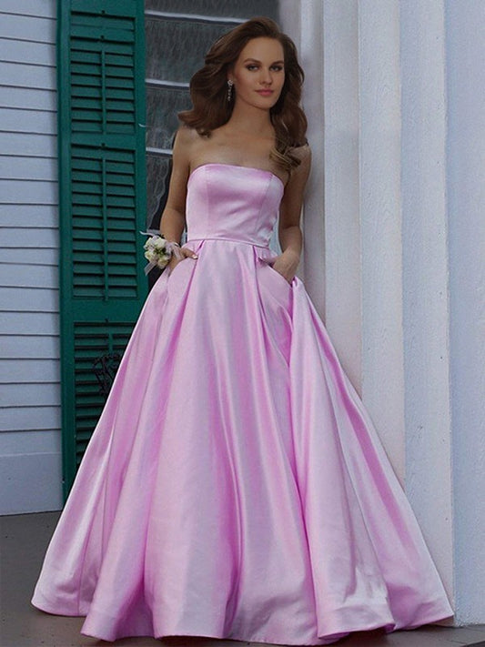 A-Line/Princess Strapless Sleeveless Floor-Length Ruffles Satin Dresses