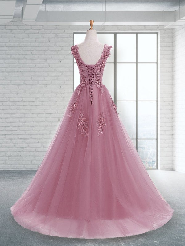 A-Line/Princess Scoop Sleeveless Sweep/Brush Train Applique Tulle Dresses