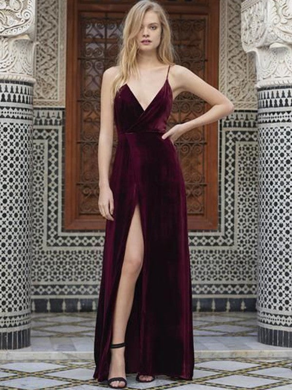 A-Line/Princess Spaghetti Straps Sleeveless Floor-Length Ruffles Velvet Dresses