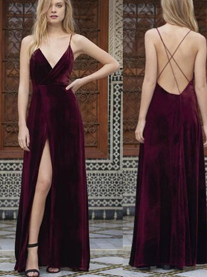 A-Line/Princess Spaghetti Straps Sleeveless Floor-Length Ruffles Velvet Dresses