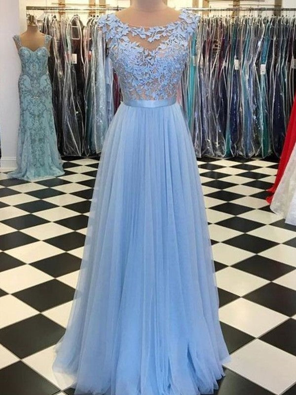A-Line/Princess Scoop Sleeveless Floor-Length Applique Tulle Dresses