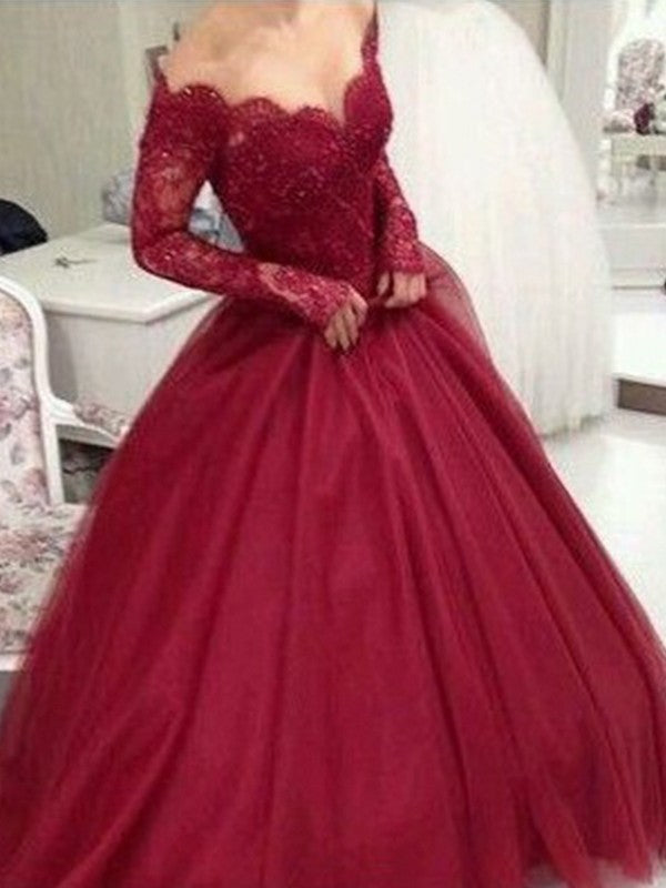 Ball Gown V-neck Long Sleeves Floor-Length Lace Tulle Dresses