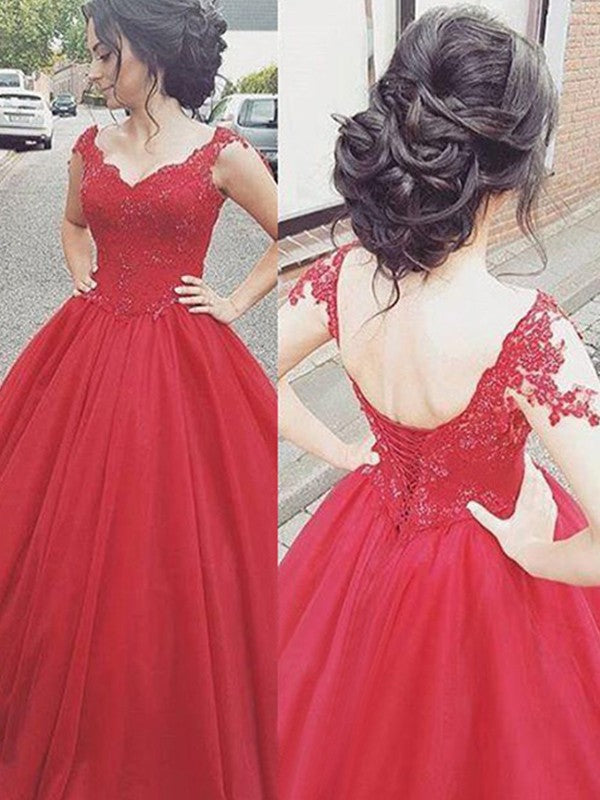 Ball Gown V-neck Sleeveless Floor-Length Applique Satin Dresses