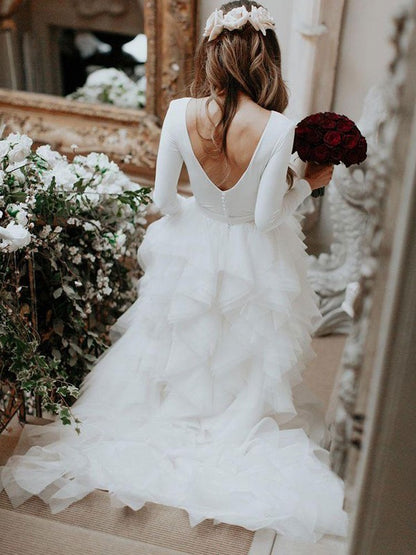 A-Line/Princess Tulle Ruffles Scoop Long Sleeves Sweep/Brush Train Wedding Dresses