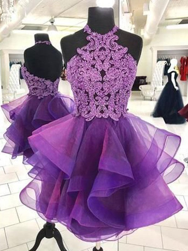 A-Line/Princess Tulle Beading Halter Sleeveless Short/Mini Homecoming Dress