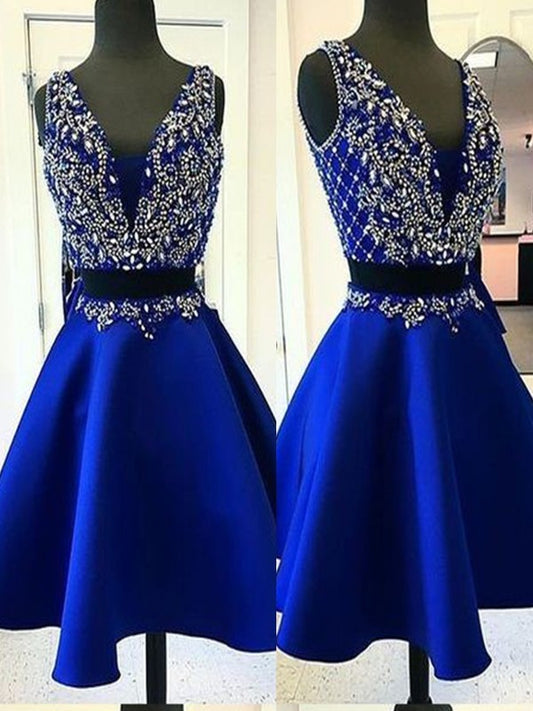 A-Line/Princess Satin Beading V-neck Sleeveless Short/Mini Two Piece Homecoming Dress