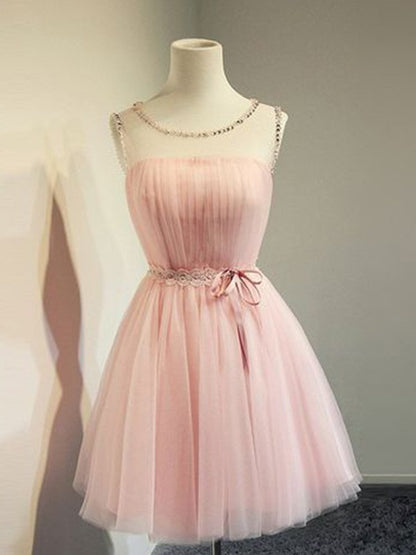 A-Line/Princess Tulle Beading Scoop Sleeveless Short/Mini Homecoming Dresses