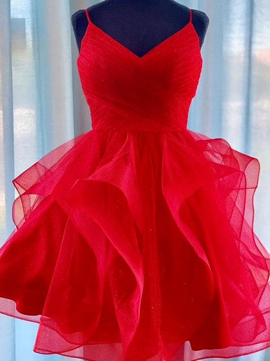 A-Line/Princess Tulle Spaghetti Straps Sleeveless Ruffles Short/Mini Homecoming Dresses