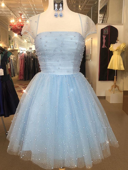 A-Line/Princess Tulle Strapless Short Sleeves Beading Short/Mini Homecoming Dresses