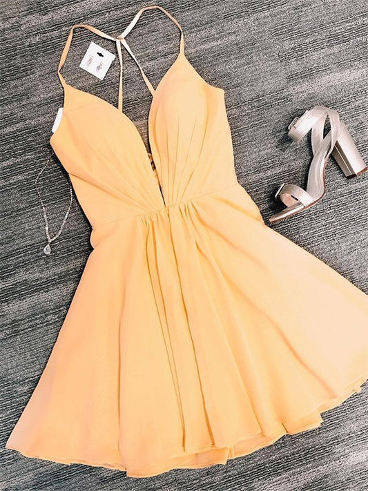 A-Line/Princess Chiffon V-neck Sleeveless Ruffles Short/Mini Homecoming Dresses