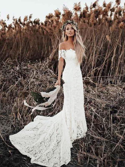Trumpet/Mermaid Lace Applique Off-the-Shoulder Short Sleeves Court Train Wedding Dresses