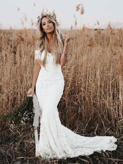 Trumpet/Mermaid Lace Applique Off-the-Shoulder Short Sleeves Court Train Wedding Dresses