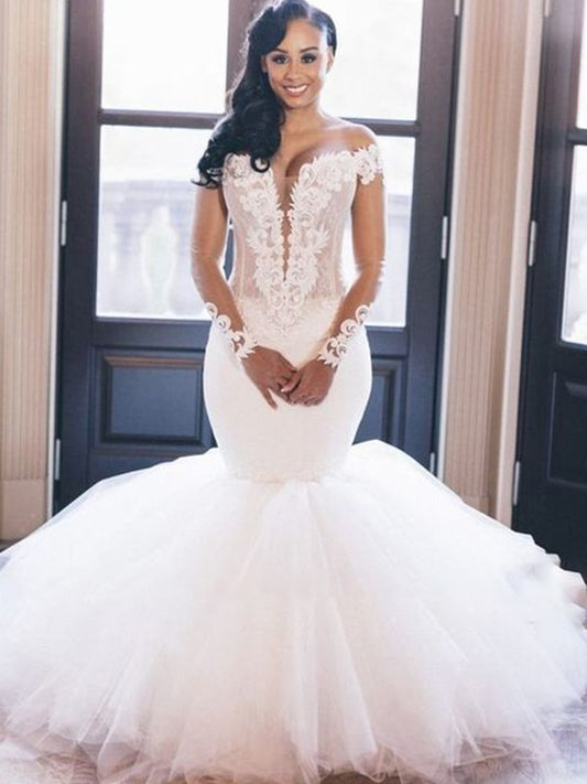 Trumpet/Mermaid Off-the-Shoulder Long Sleeves Applique Tulle Floor-Length Wedding Dresses