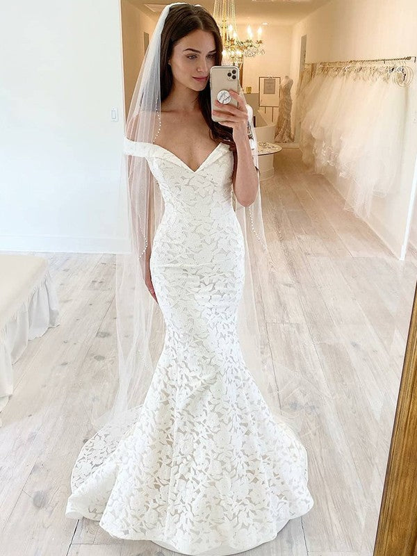 Trumpet/Mermaid Off-the-Shoulder Lace Applique Sleeveless Sweep/Brush Train Wedding Dresses