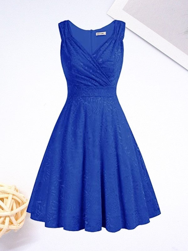 A-Line/Princess Lace Ruched V-neck Sleeveless Short/Mini Dresses