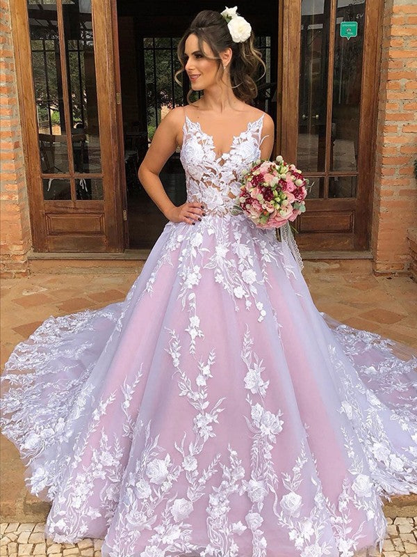 Ball Gown Lace Applique V-neck Sleeveless Chapel Train Wedding Dresses
