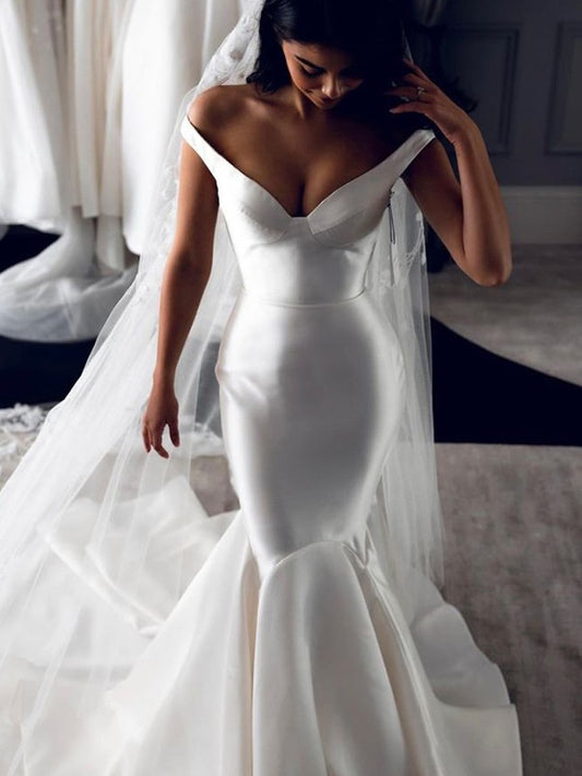 Trumpet/Mermaid Satin Ruffles Off-the-Shoulder Sleeveless Sweep/Brush Train Wedding Dresses