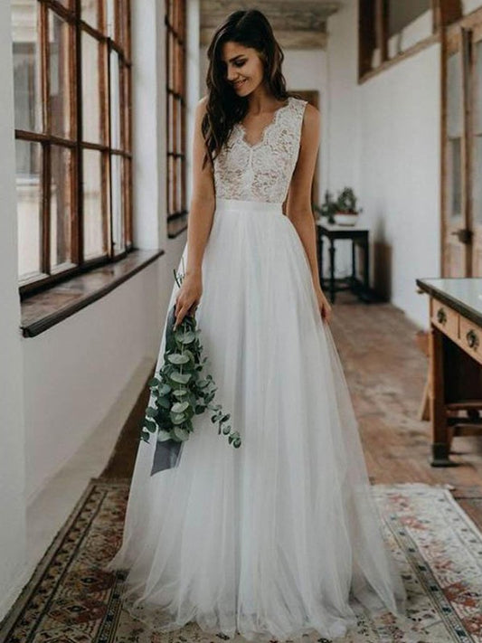 A-Line/Princess Tulle Lace V-neck Sleeveless Floor-Length Wedding Dresses