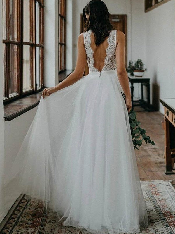 A-Line/Princess Tulle Lace V-neck Sleeveless Floor-Length Wedding Dresses