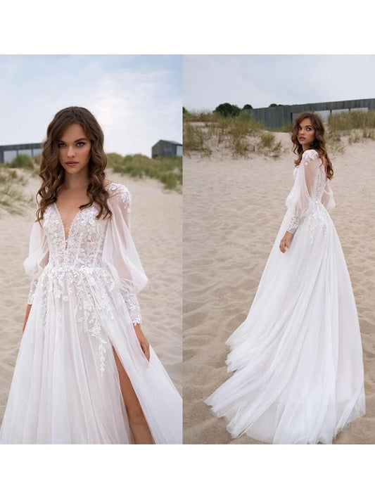 A-Line/Princess Lace Applique V-neck Long Sleeves Sweep/Brush Train Wedding Dresses