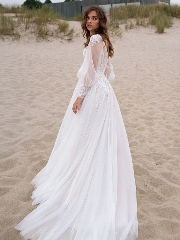 A-Line/Princess Lace Applique V-neck Long Sleeves Sweep/Brush Train Wedding Dresses