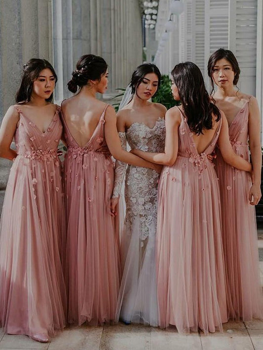 A-Line/Princess Tulle Applique V-neck Sleeveless Floor-Length Bridesmaid Dresses