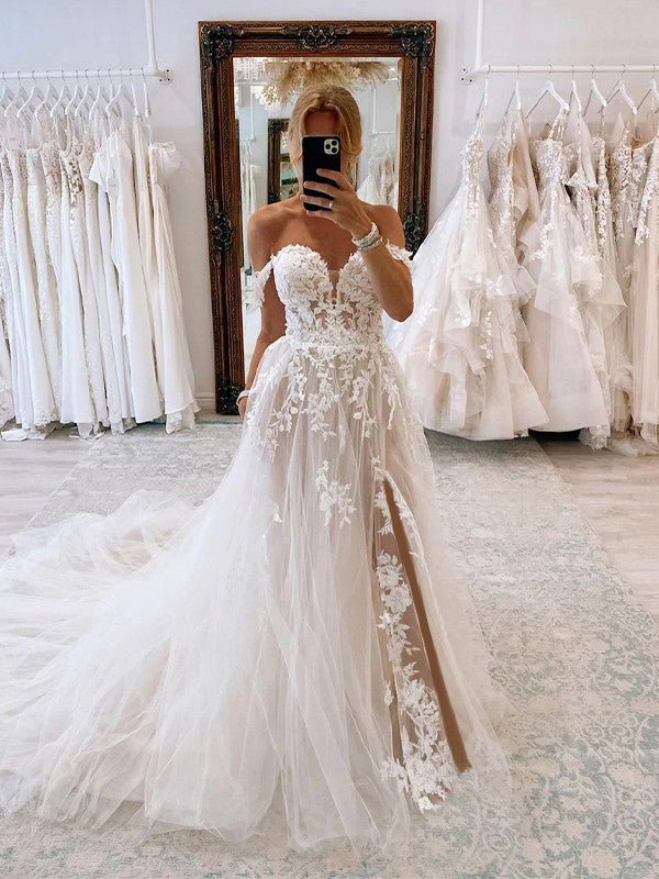 A-Line/Princess Tulle Applique Off-the-Shoulder Sleeveless Chapel Train Wedding Dresses