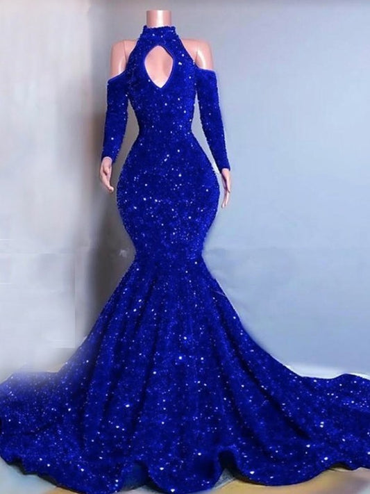 Trumpet/Mermaid Velvet Sequins High Neck Long Sleeves Chapel Train Dresses