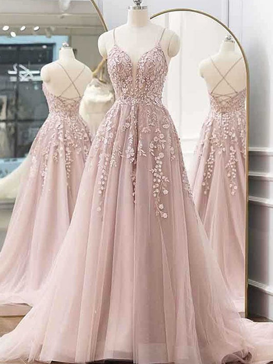 A-Line/Princess Tulle Applique V-neck Sleeveless Sweep/Brush Train Dresses