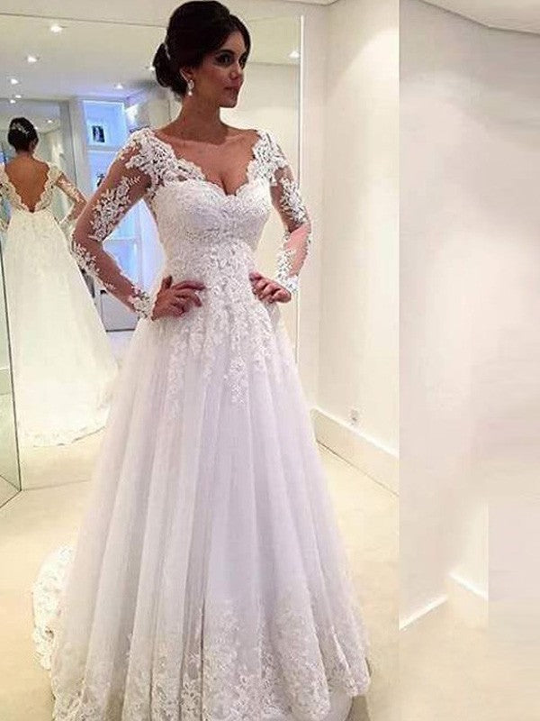 Ball Gown V-neck Long Sleeves Lace Court Train Tulle Wedding Dresses