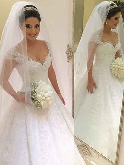 Ball Gown Sleeveless V-neck Beading Floor-Length Tulle Wedding Dresses
