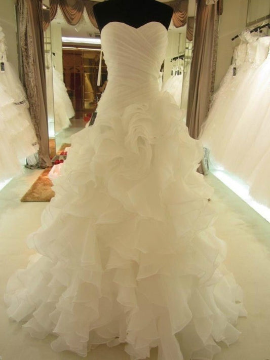 Ball Gown Ruffles Sweetheart Organza Sleeveless Court Train Wedding Dresses