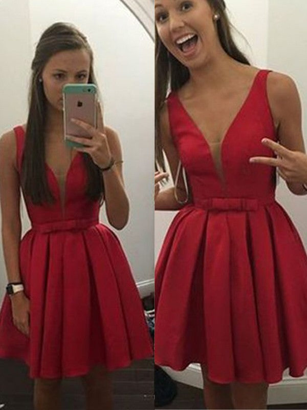 A-Line/Princess Sleeveless V-neck Bowknot Satin Short/Mini Dresses