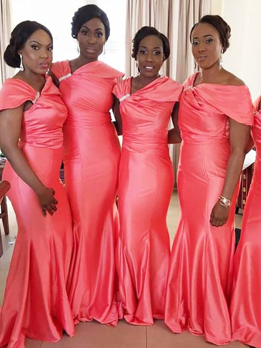 Trumpet/Mermaid Off-the-Shoulder Floor-Length Sleeveless Silk Like Satin Bridesmaid Dresses