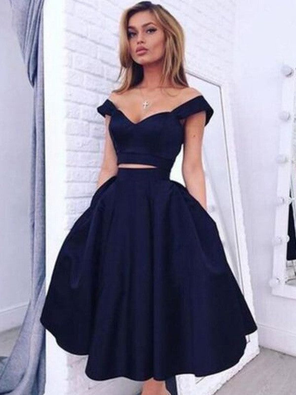 A-Line/Princess Off-the-Shoulder Sleeveless Tea-Length Satin Two Piece Dresses