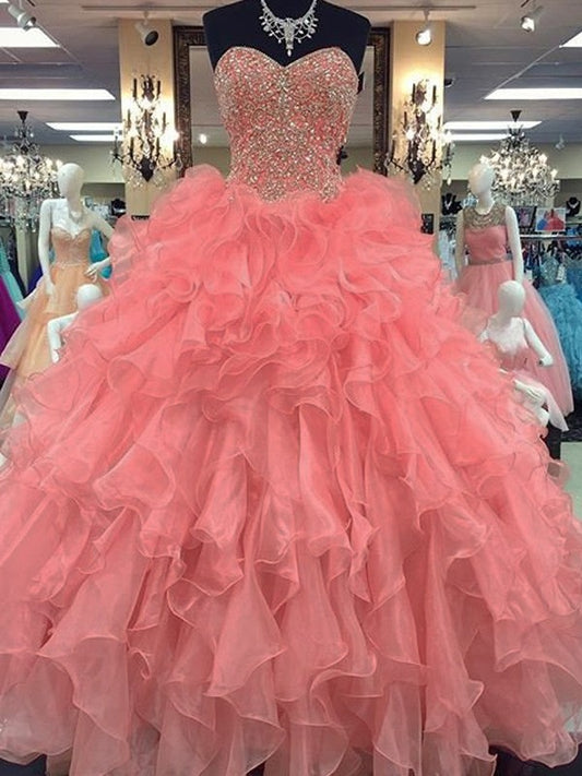 Ball Gown Sweetheart Sleeveless Floor-Length Beading Organza Dresses