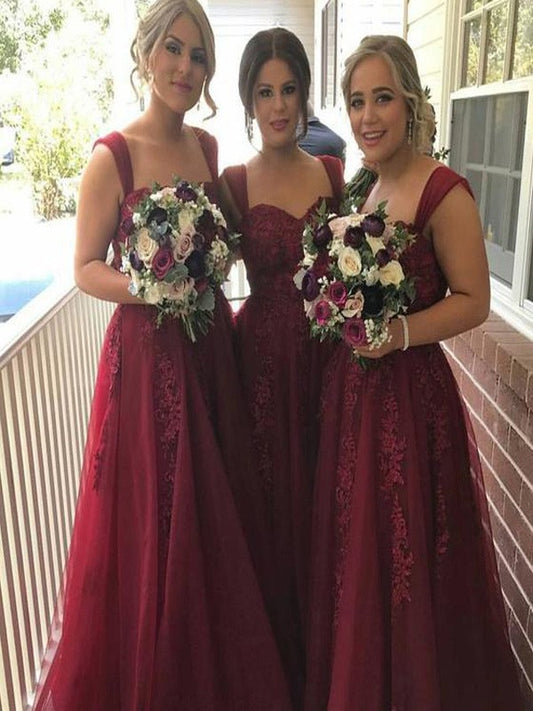 A-Line/Princess Sleeveless Straps Applique Floor-Length Tulle Bridesmaid Dresses